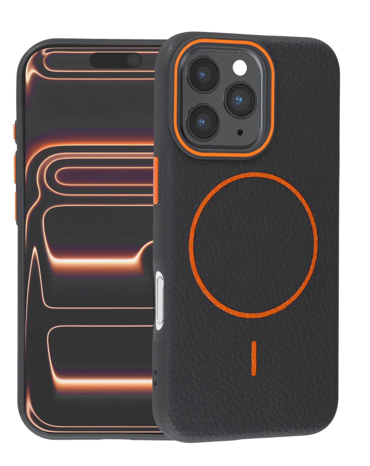 Magnetic Leather Case for iPhone 16 Pro — Black & Orange