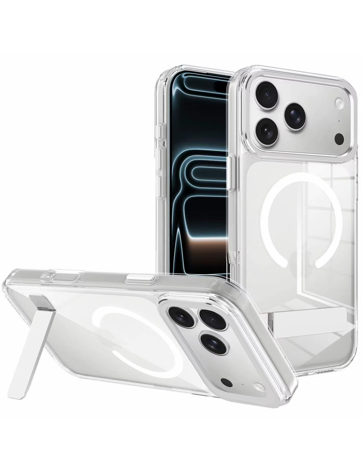MagSafe Kickstand Crystal Clear Case for iPhone 17 Pro Max / 18 Pro Max — Silver