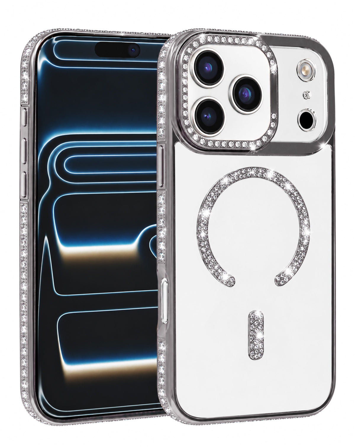 Magnetic Crystal Clear Glitter Case for iPhone 17 Pro Max / 18 Pro Max — Silver