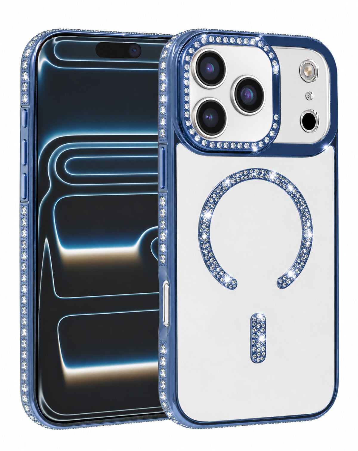 Magnetic Crystal Clear Glitter Case for iPhone 17 Pro / 18 Pro — Navy Blue