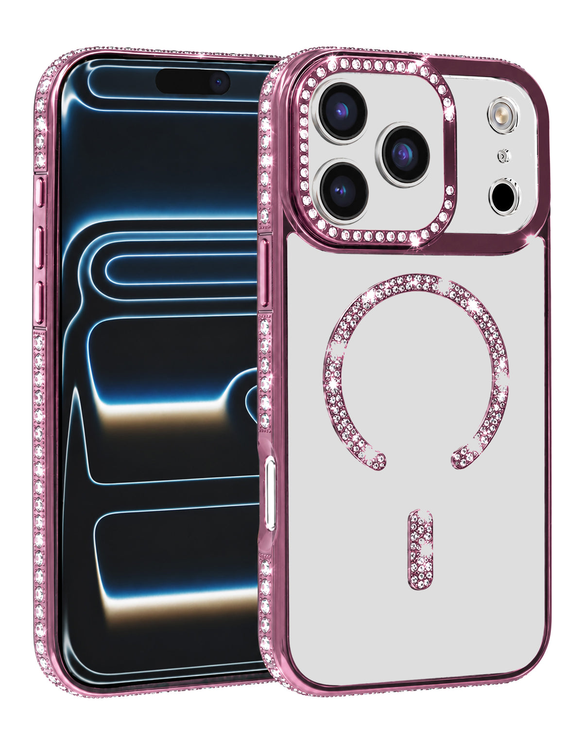 Magnetic Crystal Clear Glitter Case for iPhone 17 Pro Max / 18 Pro Max — Rose Gold