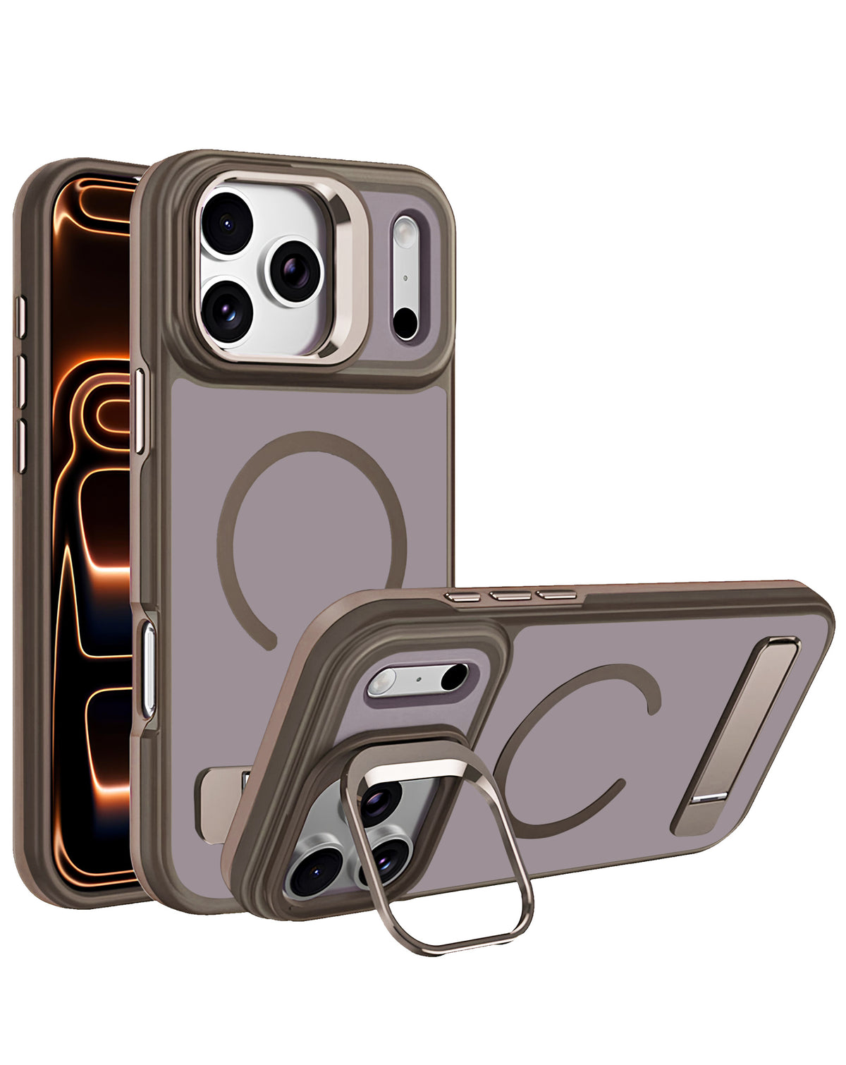 Kickstand Wireless-Charging Compatible Slim Case for iPhone 17 Pro / 18 Pro — Brown