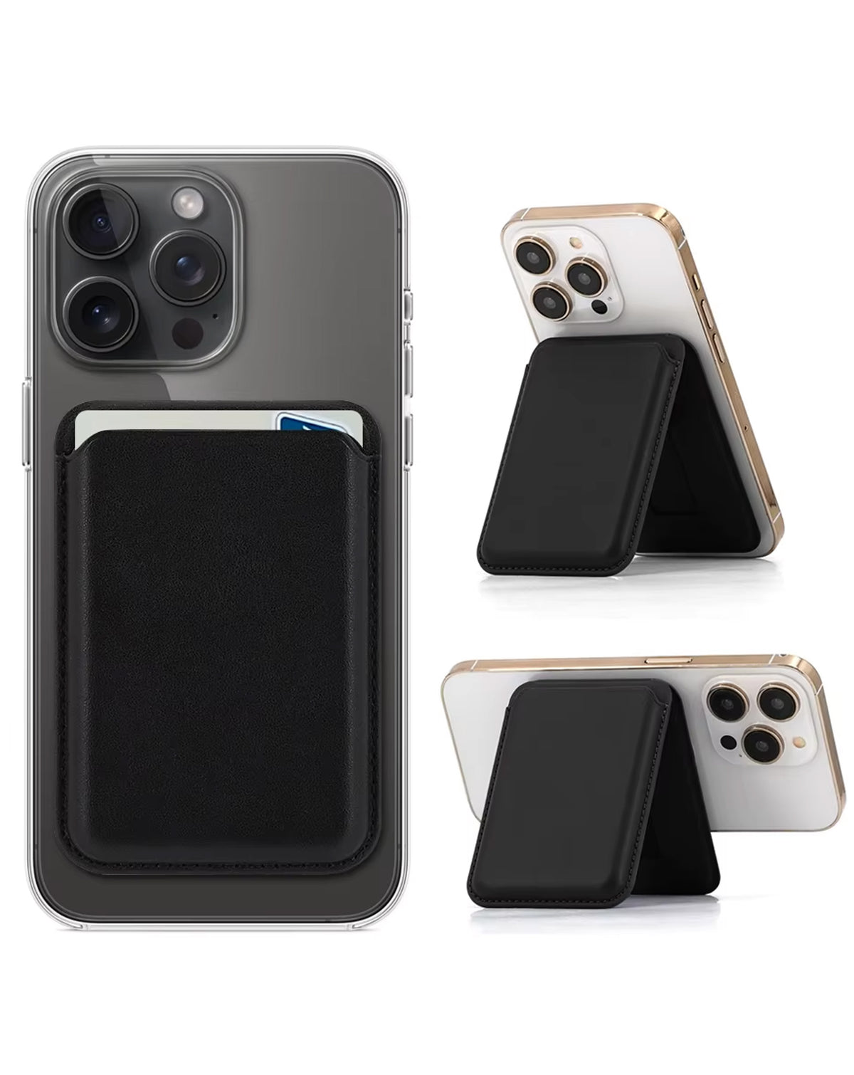 Magnetic Leather Phone Wallet Stand with IC Chip — Black