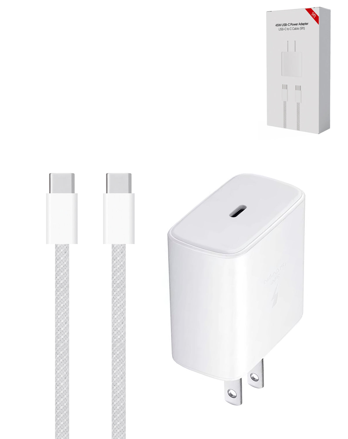 100W USB-C to USB-C Fast Charging Cable with 45W USB-C Power Adapter for iPhone 15, 16 & iPads Series — 9ft