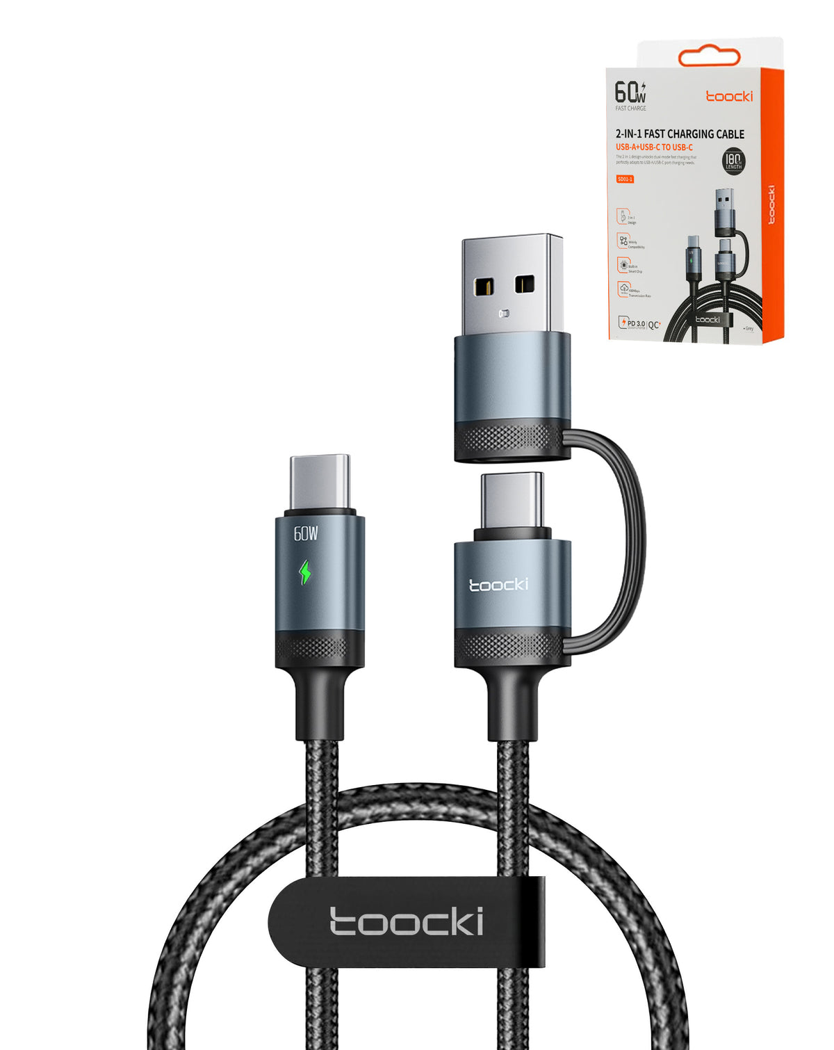 Toocki USB A+c to C Fast Charging Data Cable — 3ft, 60W, Blue