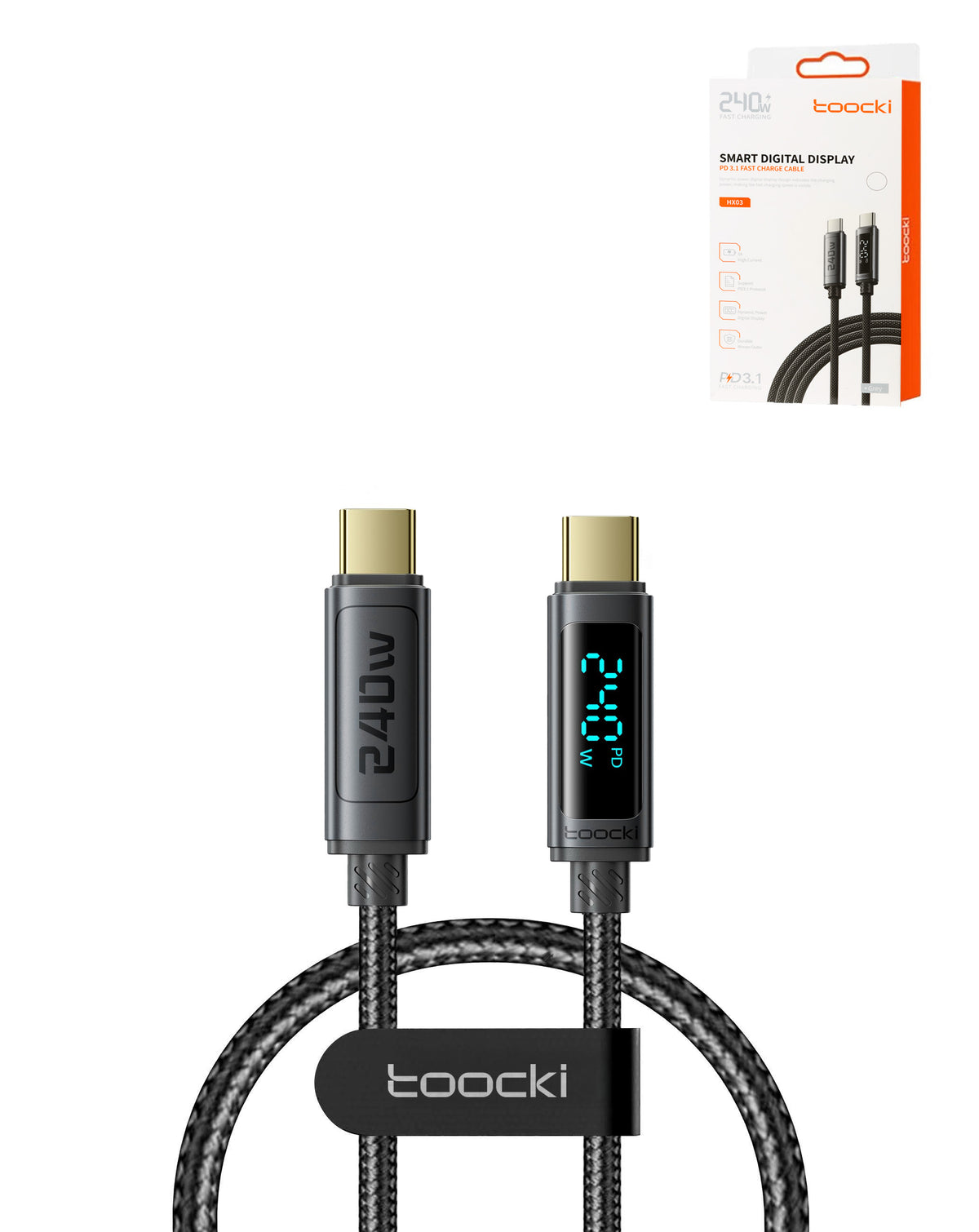Toocki USB-C to USB-C Super Fast Charging Data Cable with Display — Gray, 240W, 3ft