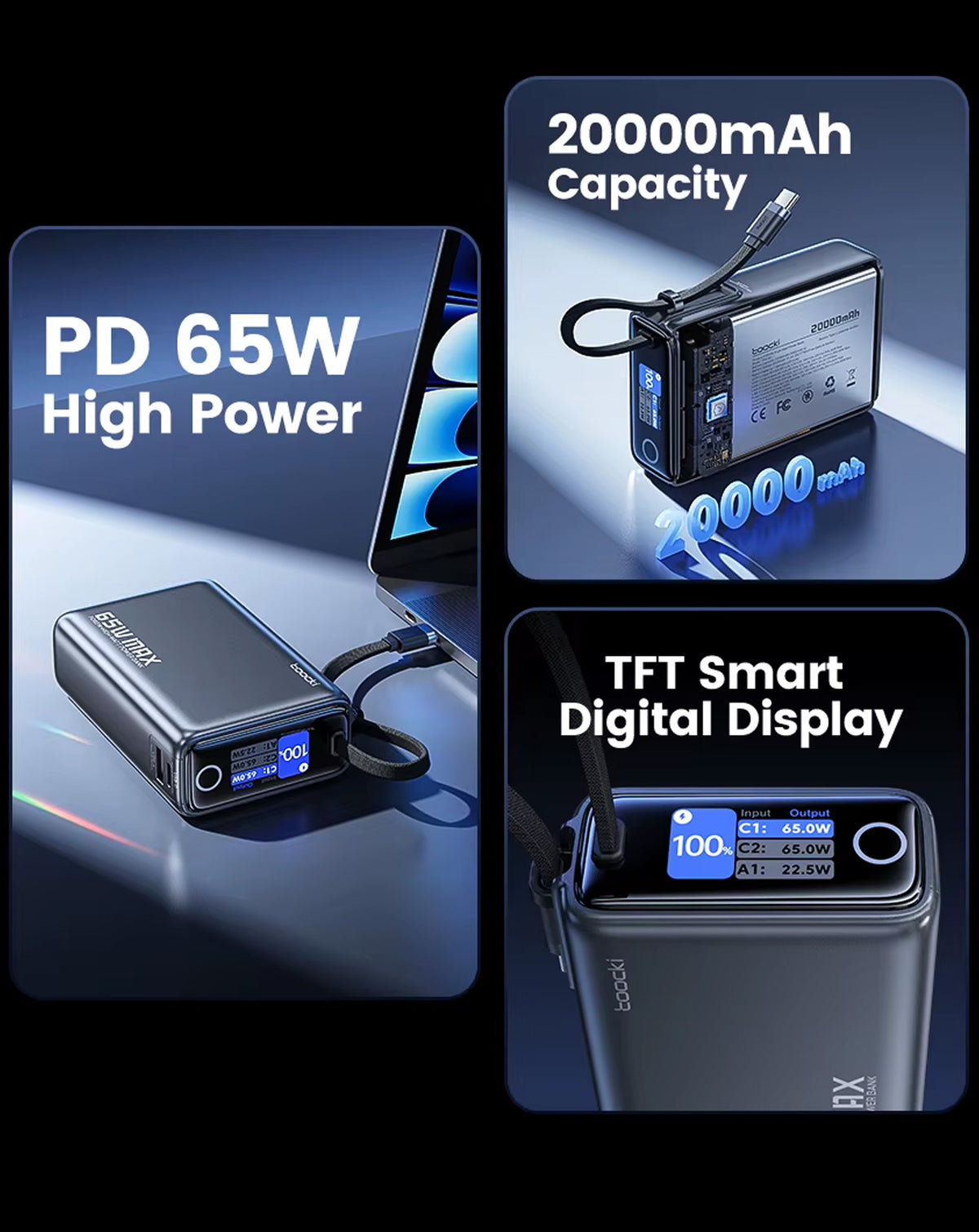 Toocki Energy Cube Power Bank with Built-In Cable and LCD Indicator — 20000 mAh / 65W