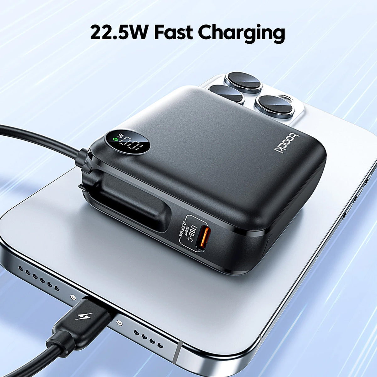 Toocki Power Bank with Built-In Cable and LCD Indicator — 10000 mAh / 22.5W