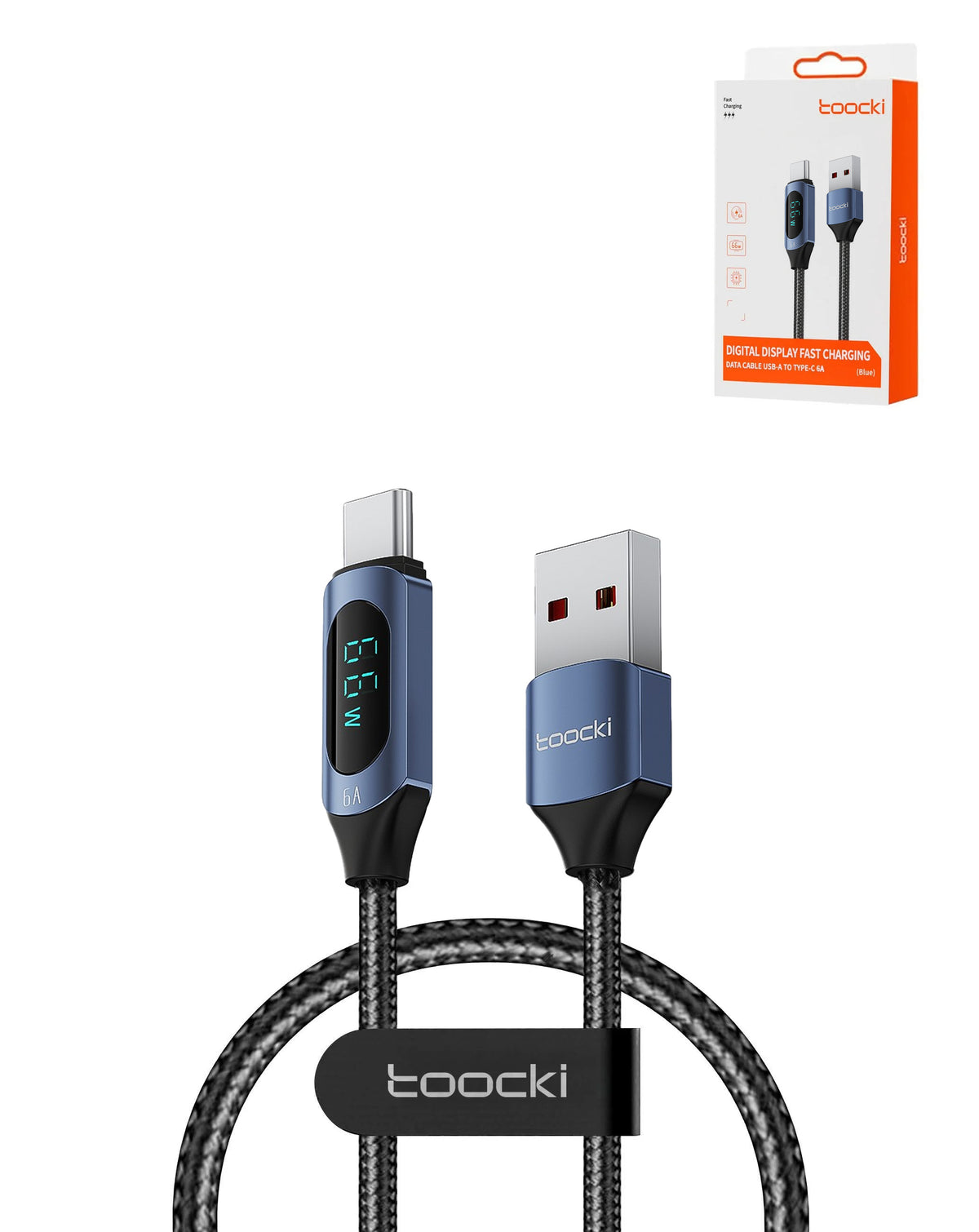 Toocki USB-A to USB-C Fast Charging Data Cable with Display — Blue, 66W, 3ft