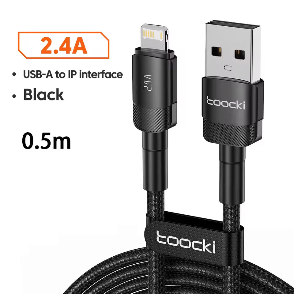Toocki USB-A to Lightning Non-MFI Braided Fast Charging Data Cable — Black, 3ft, 12W