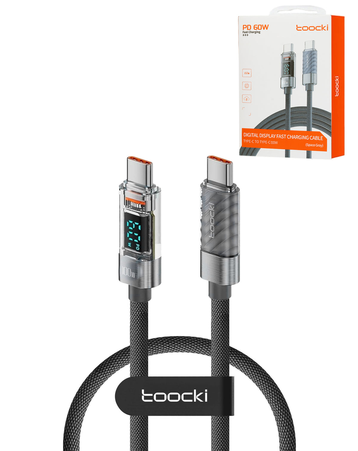 Toocki USB-C to USB-C Super Fast Charging Data Cable with Display — Gray, 100W, 3ft