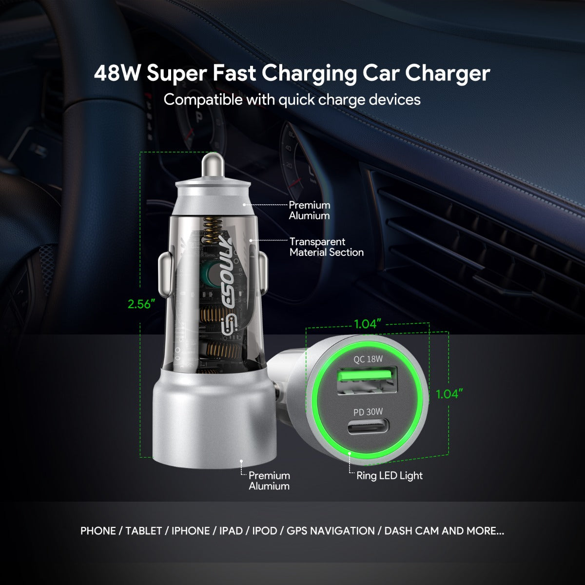 Esoulk PD QC USB A+c Car Charger — Silver, 48W