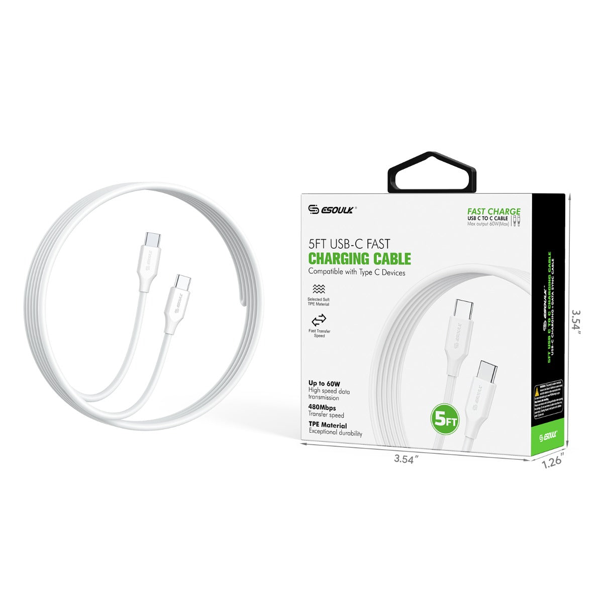 Esoulk C-C Fast Charging Cable — White, 5ft, 60W