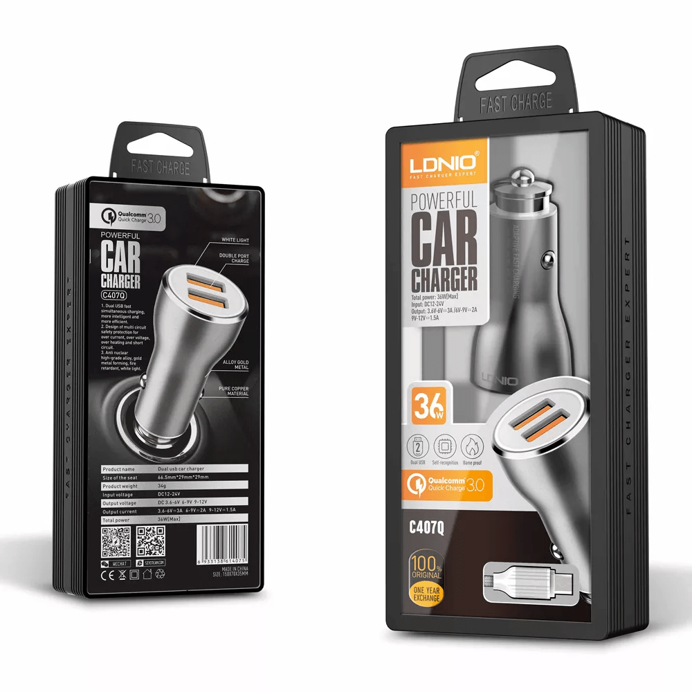 LDNIO C407Q QC3.0 Dual USB-A Car Charger with USB A-M Cable — 3ft, 30W