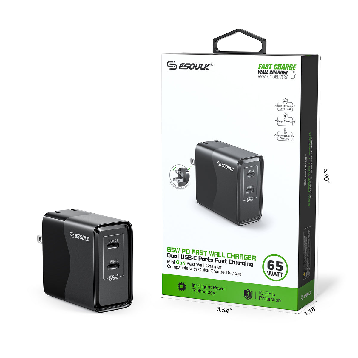 Esoulk EK2005 Dual USB-C Wall Charging Plug — Black, 65W
