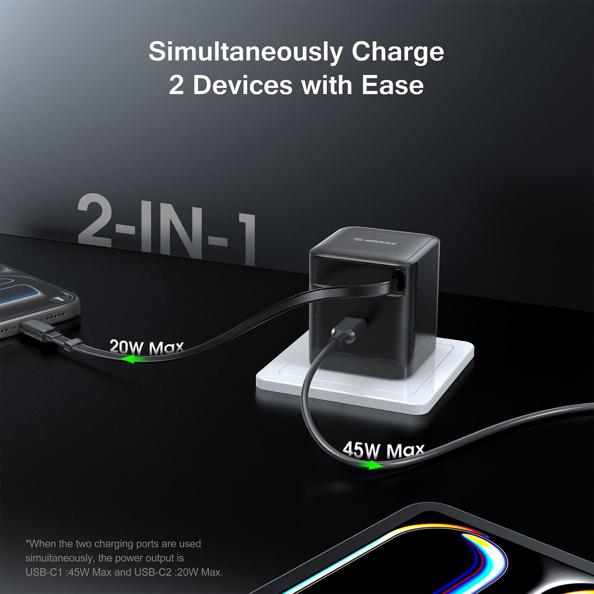 Esoulk Wall Charger Built-in Retractable with USB-C Cable — Black, 65W