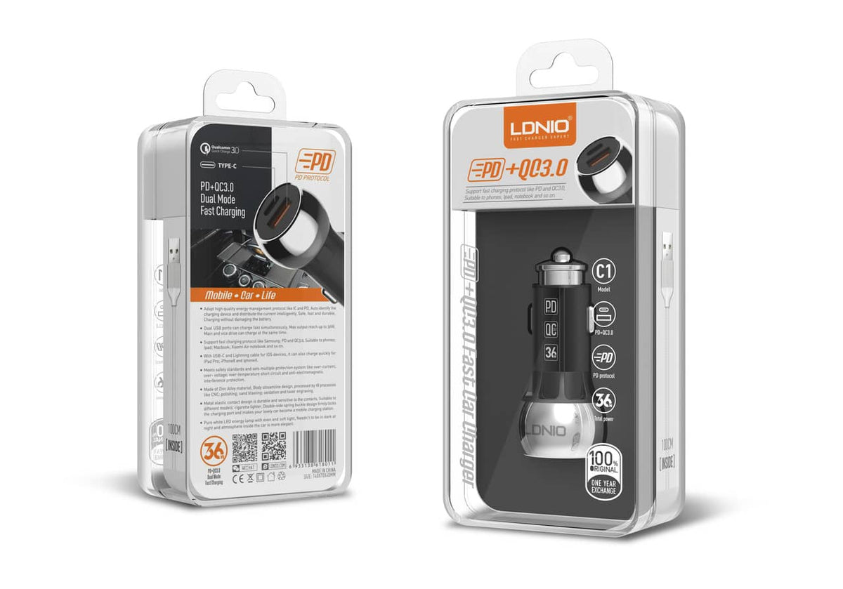 LDNIO C1 Dual A+c Car Charger with USB-A to Lightning Charging Cable — 3ft, 36W