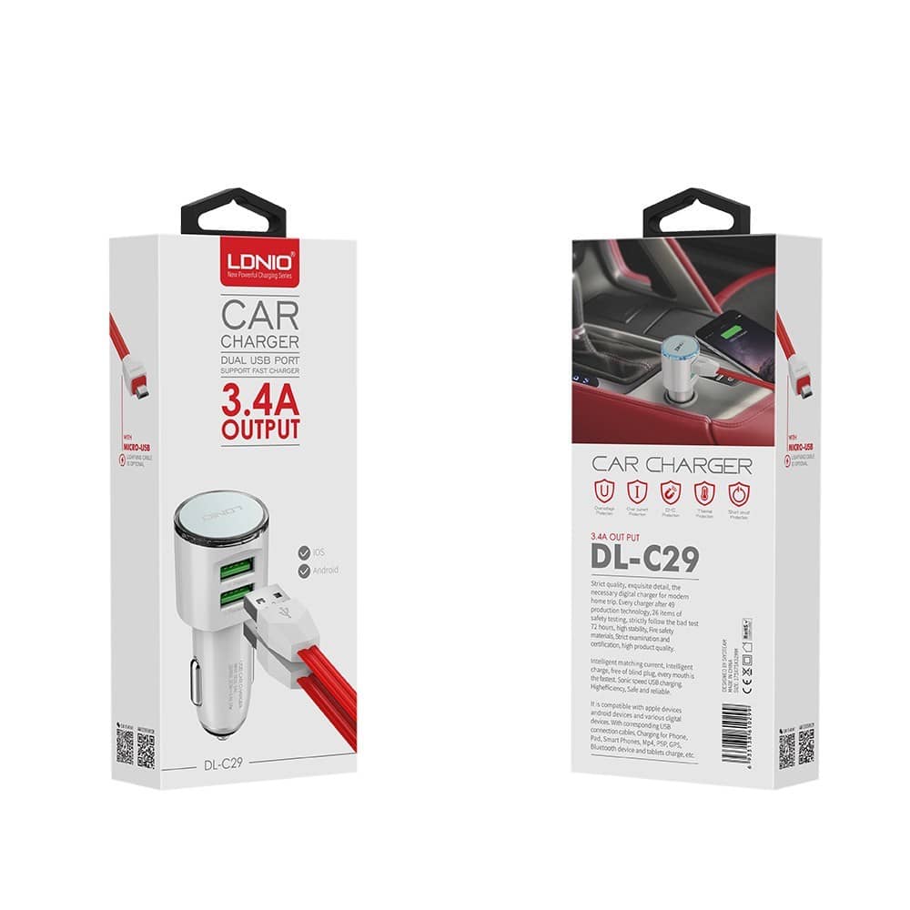 LDNIO C29 3.4A Dual USB-A Car Charger with USB A-M Cable — White, 3ft, 17W
