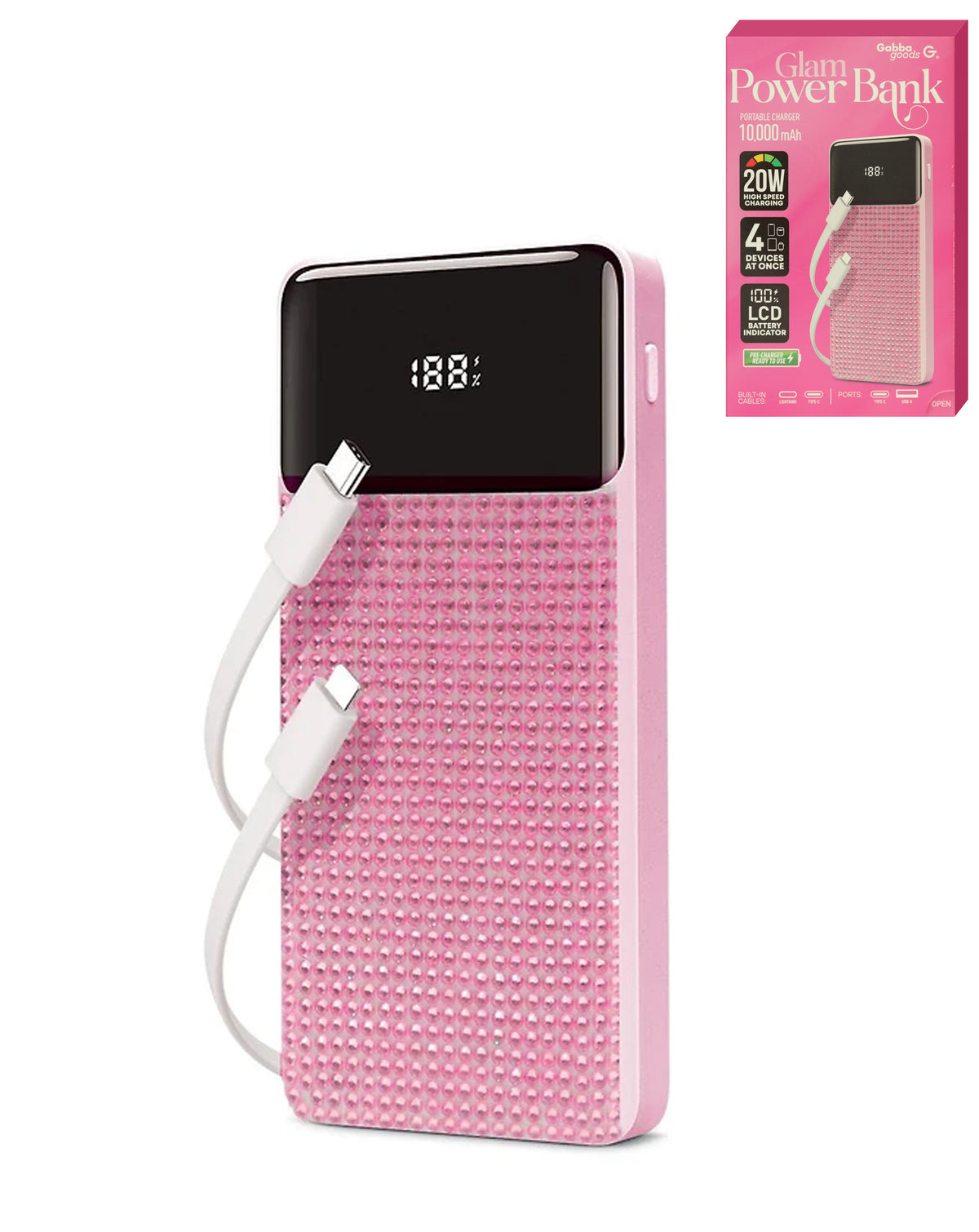 Brookstone Rapid Charging Power Bank with Lcd Battery Display & Built in Cable — Pink, 10000mAh
