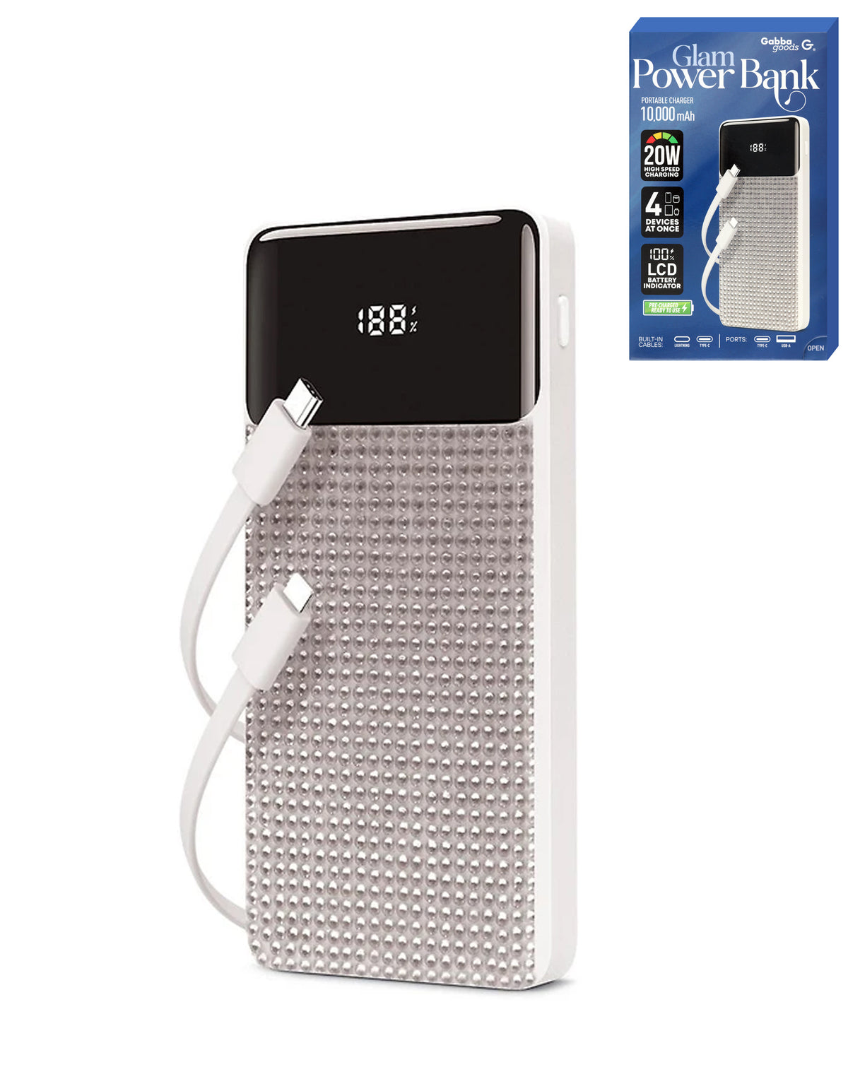 Brookstone Rapid Charging Power Bank with Lcd Battery Display & Built in Cable — Silver, 10000mAh
