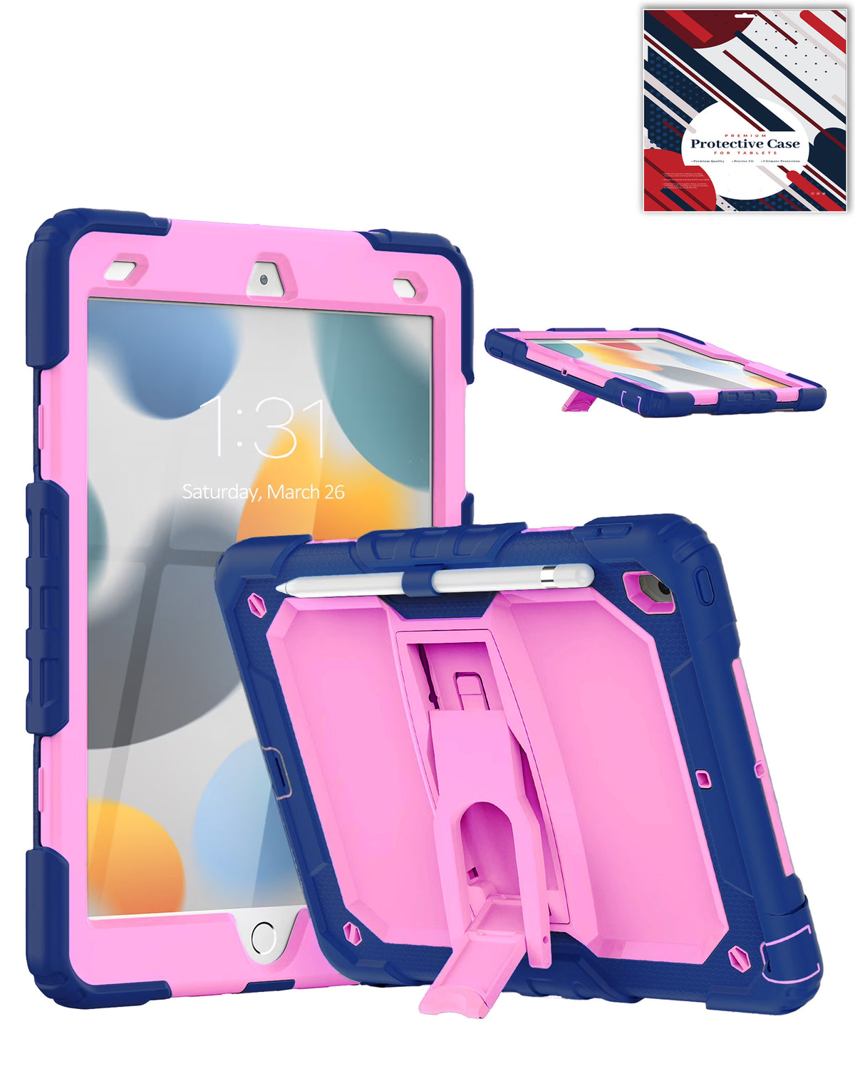 Heavy-Duty Shockproof Kickstand Case for iPad 10.2 7th / 8th / 9th / Air 3 / Pro 10.5 — Navy Blue & Pink