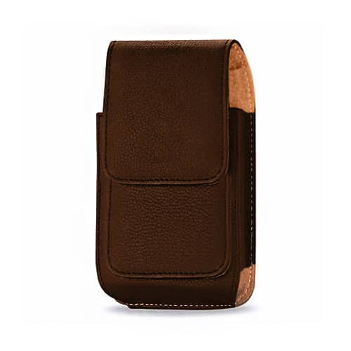 Vertical Leather Pouch with Card Holder and Clips in the Back — 5", Brown
