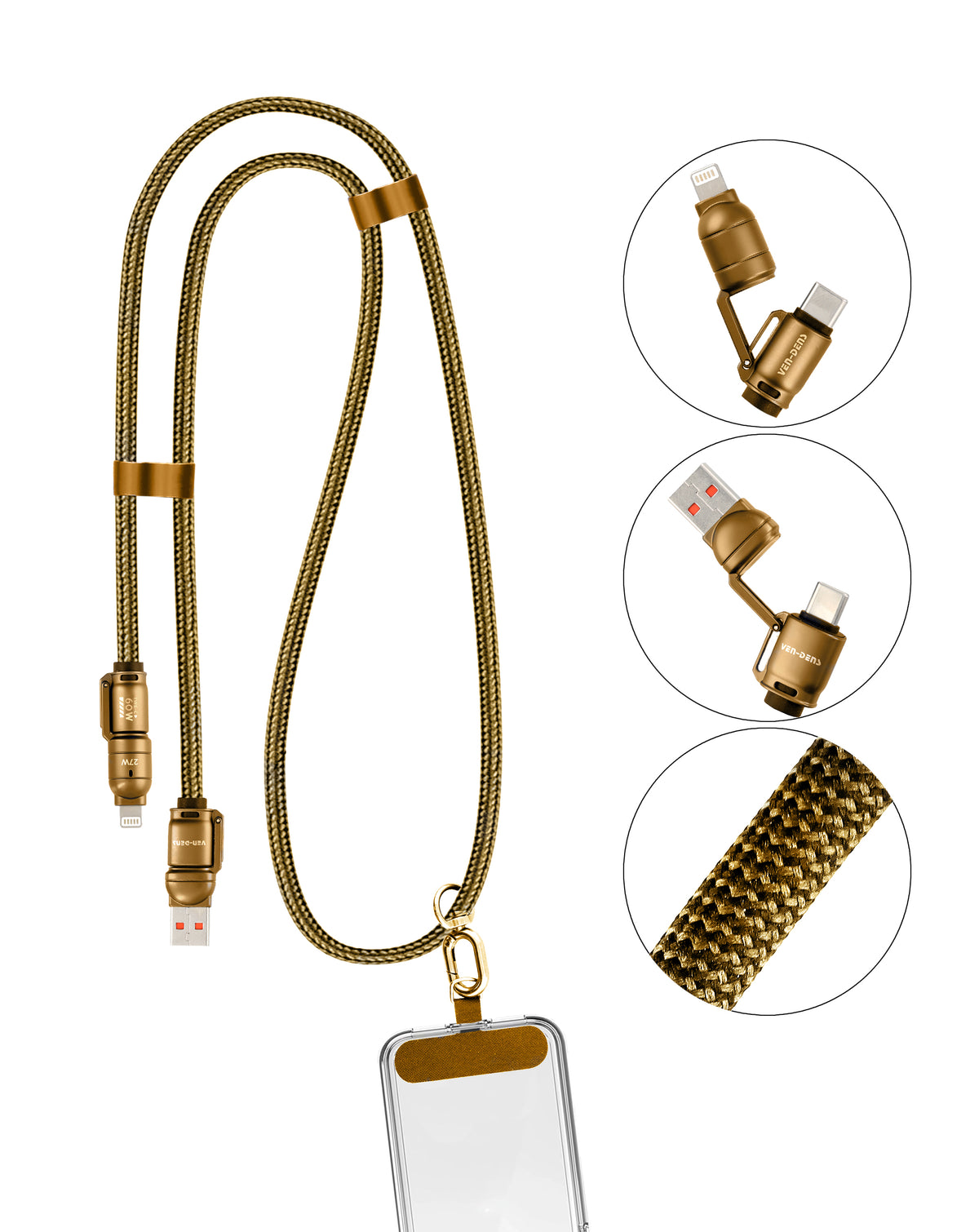 Ven-Dens USB A+c to C+l Fast Charging Data Cable with Lanyard — Gold, 60W, 6ft
