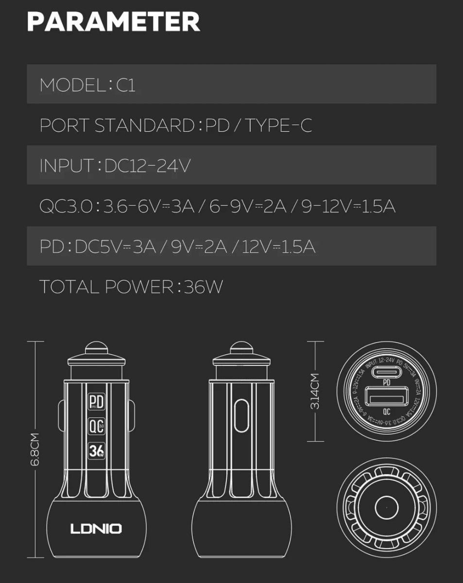LDNIO C1 Dual USB A+c Car Charger with USB-C to USB-C Cable — 3ft, 36W