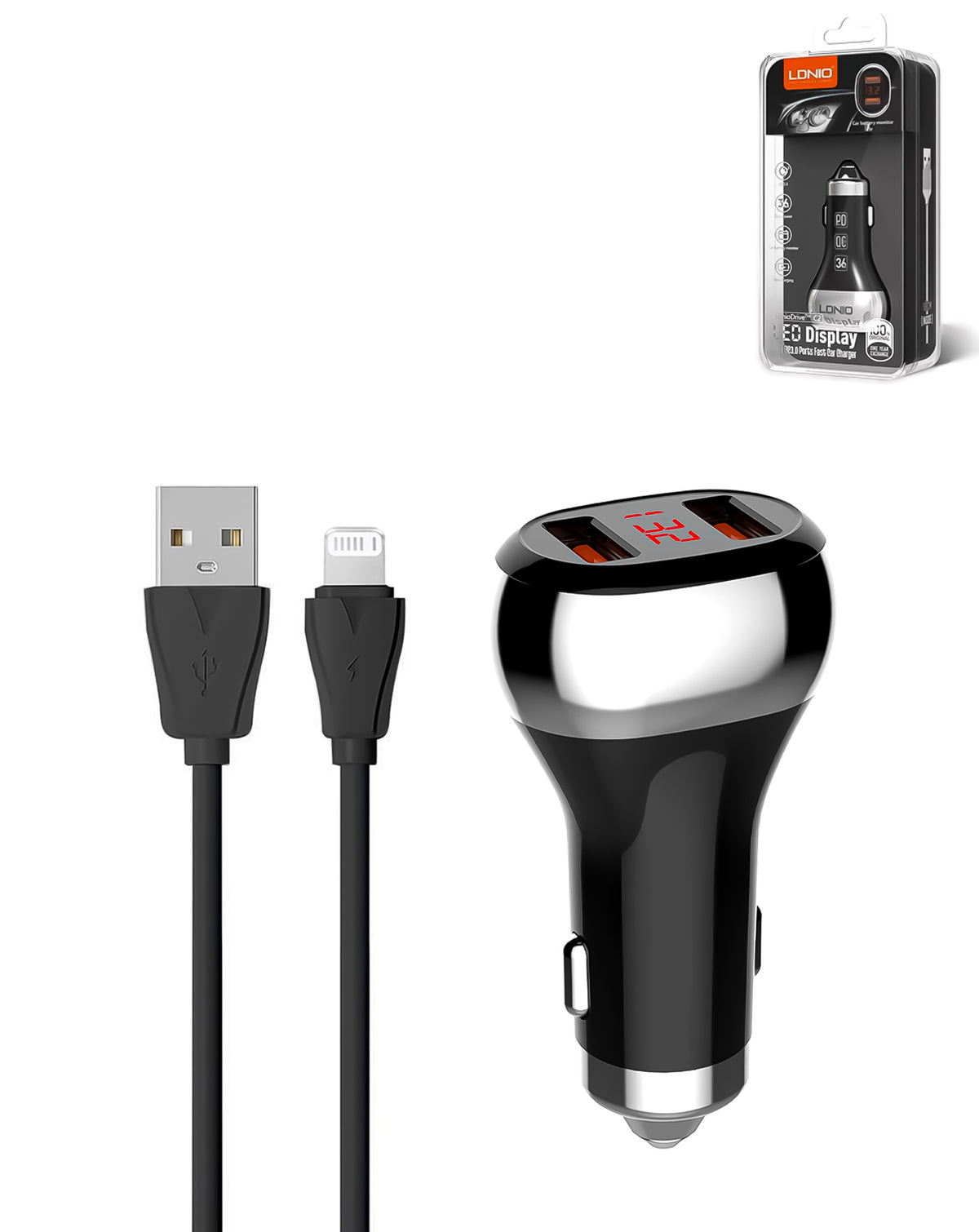 LDNIO C2 Dual USB-A Car Charger with USB-A to Lightning Non-MFI Charging Cable — 3ft, 36W