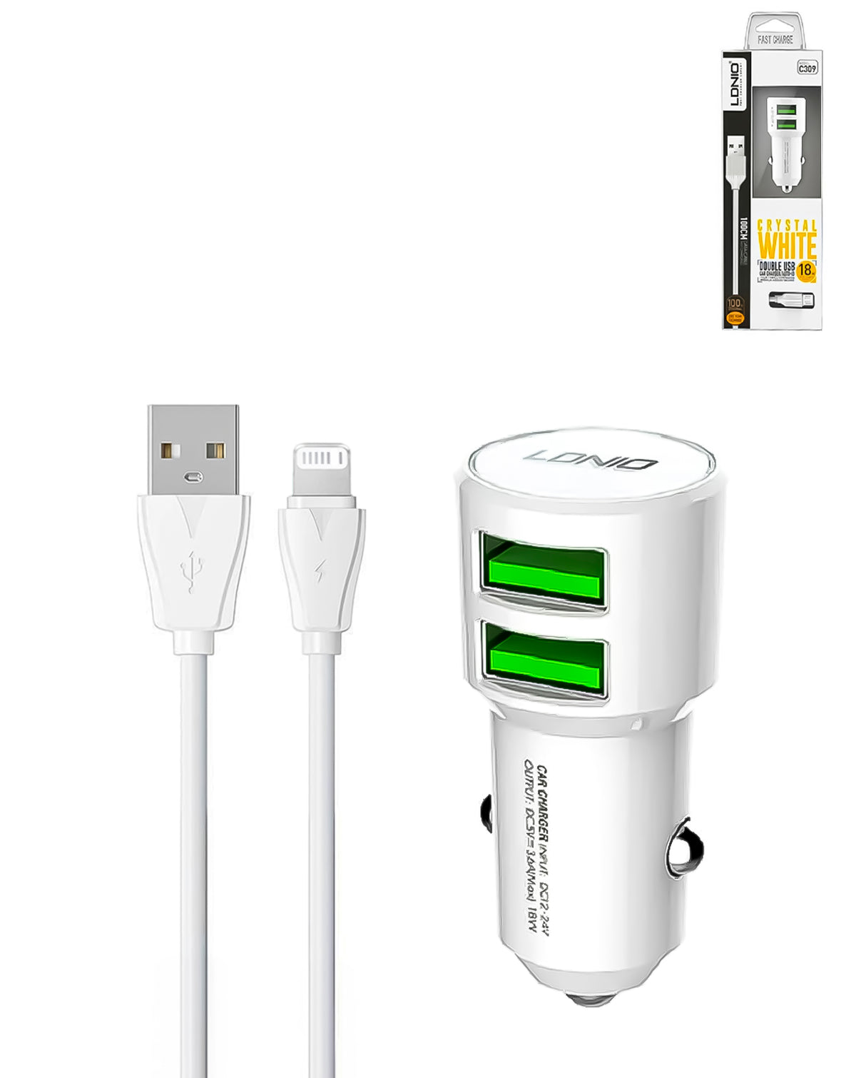 LDNIO C309 3.6A Dual USB-A Car Charger with USB-A to Lightning Non-MFI Cable — White, 3ft, 18W