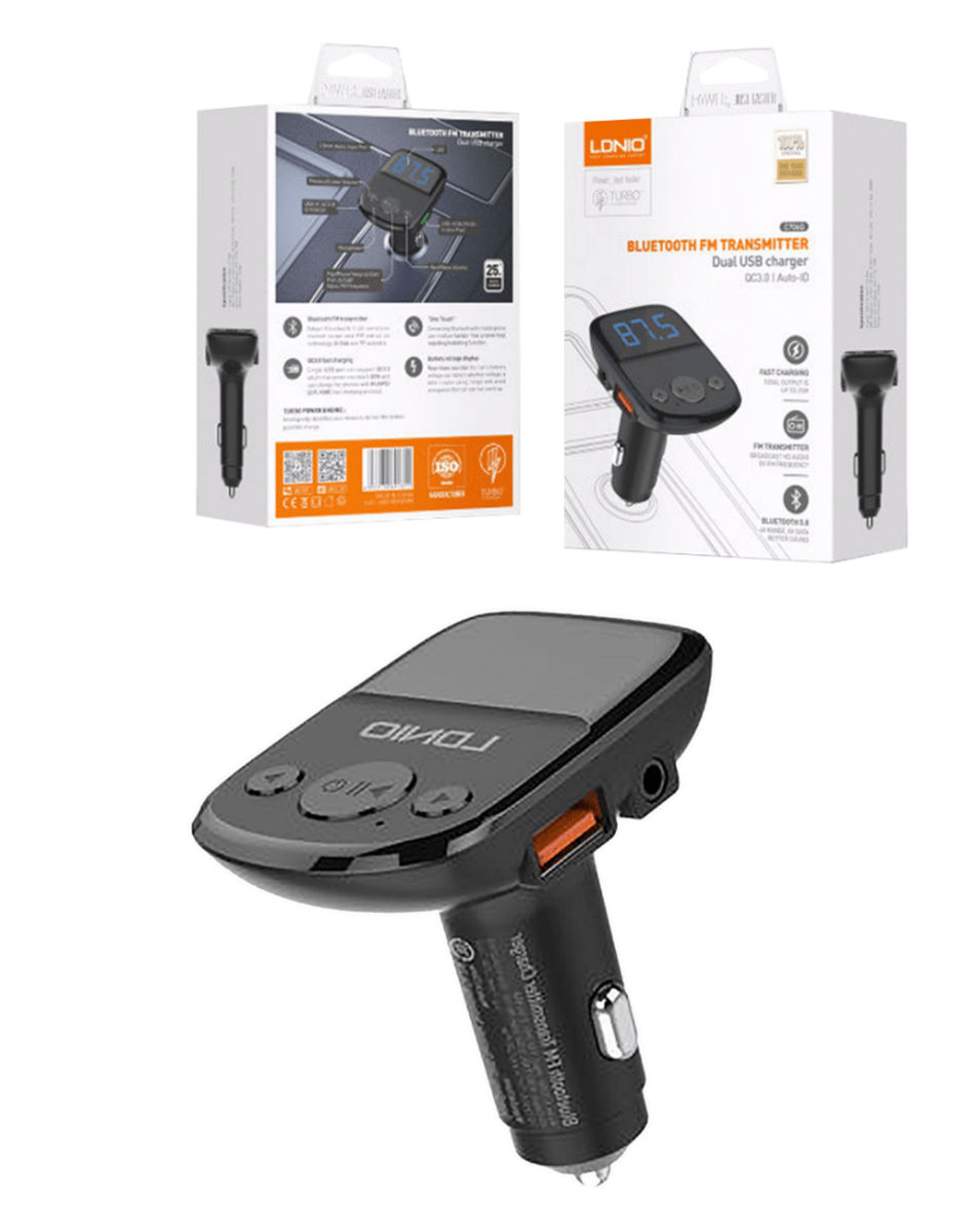 LDNIO C706Q Bluetooth 5.0 FM with 2X USB A+c Car Charger with USB-A to Lightning Cable — 3ft, 25W