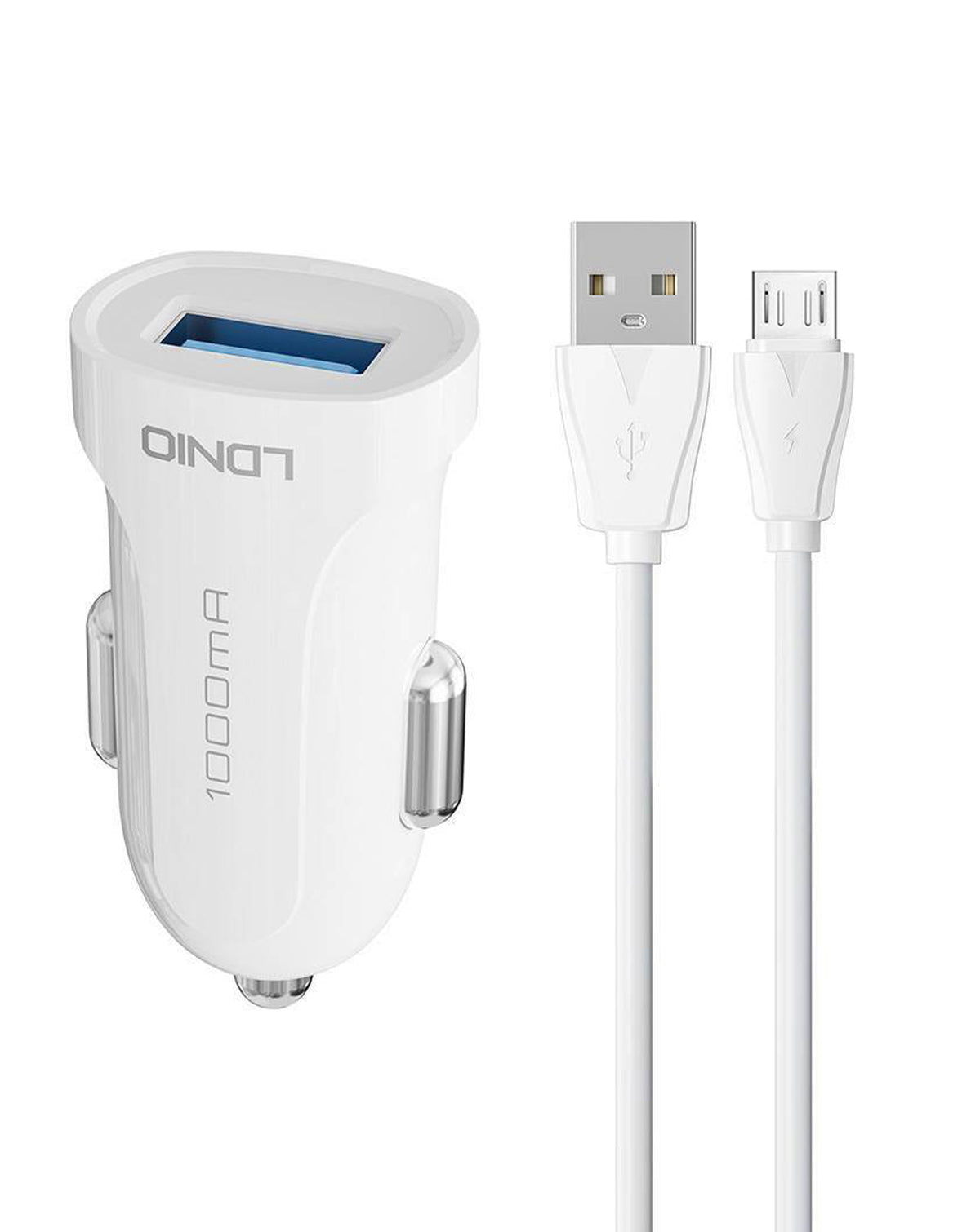 LDNIO C17 1A USB-A Car Charger with USB-M Cable — White, 3ft, 24W