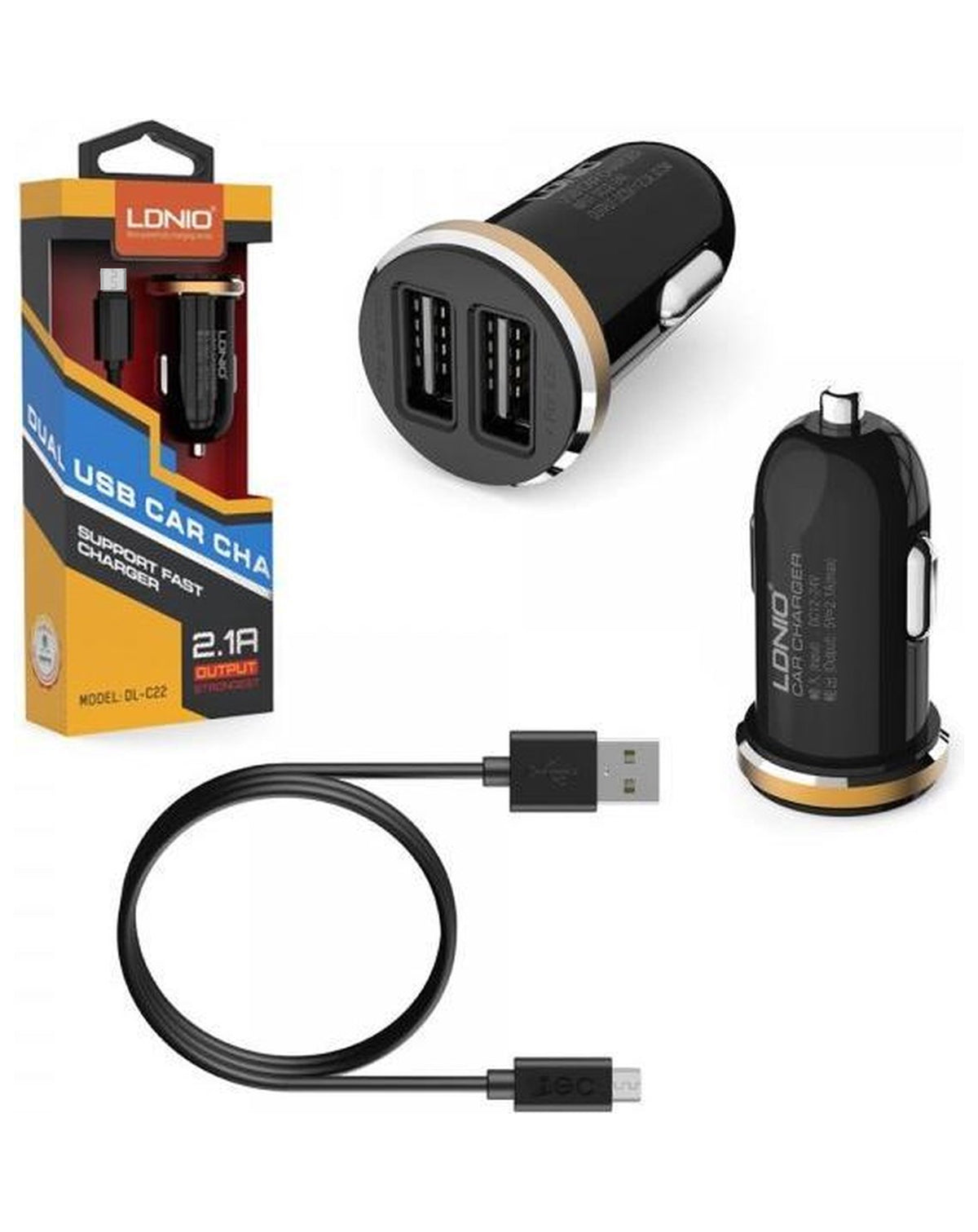 LDNIO DLC-22 2USB Car Charger with Micro USB Cable — Black, 3ft, 10W