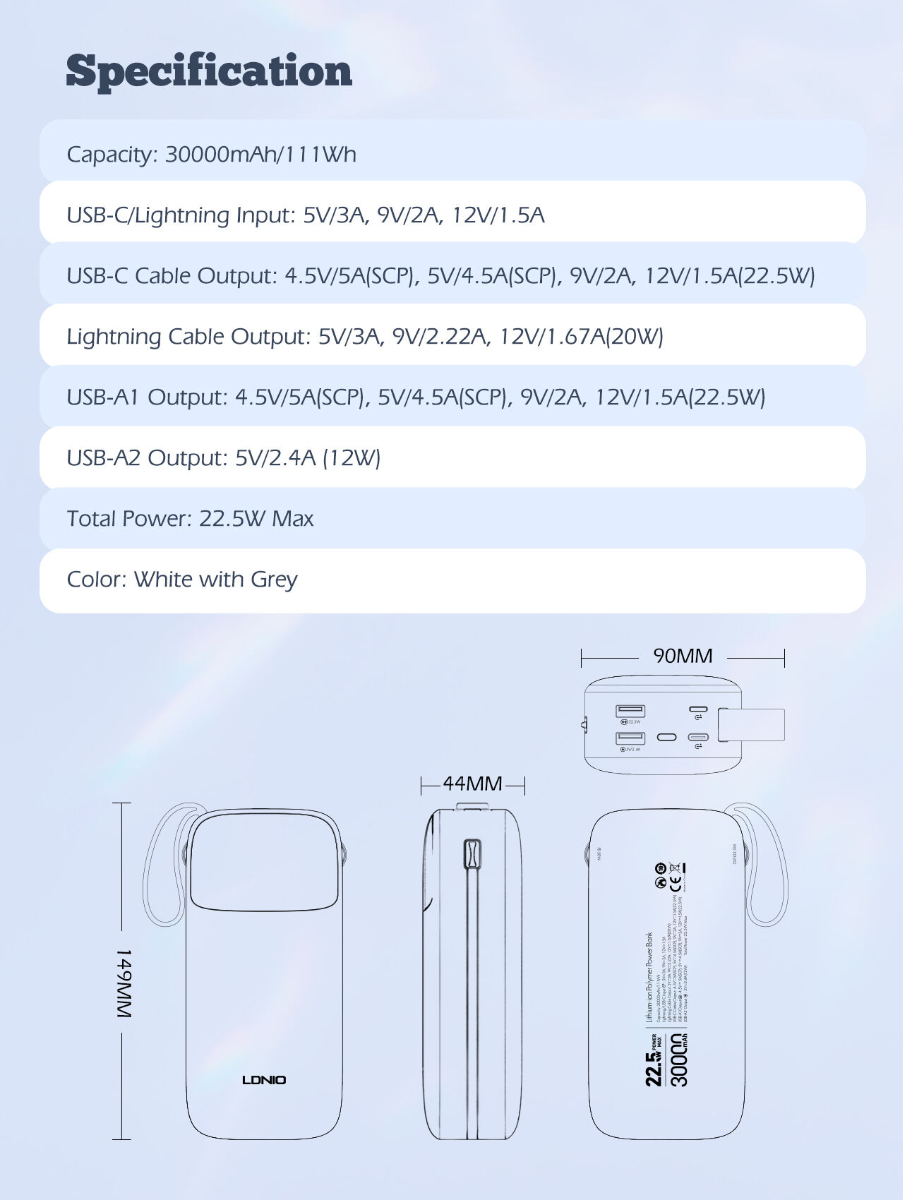 LDNIO PQ30 Power Bank with Lanyard — 30000 mAh / 22.5W