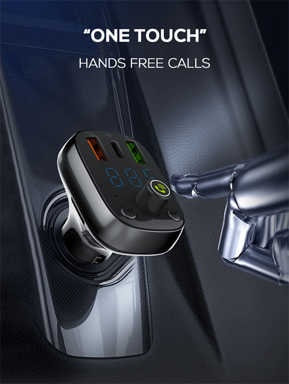 LDNIO C704Q Bluetooth 5.0 FM with 2X USB A+c Car Charger with USB-C to Lightning Cable — 3ft, 30W