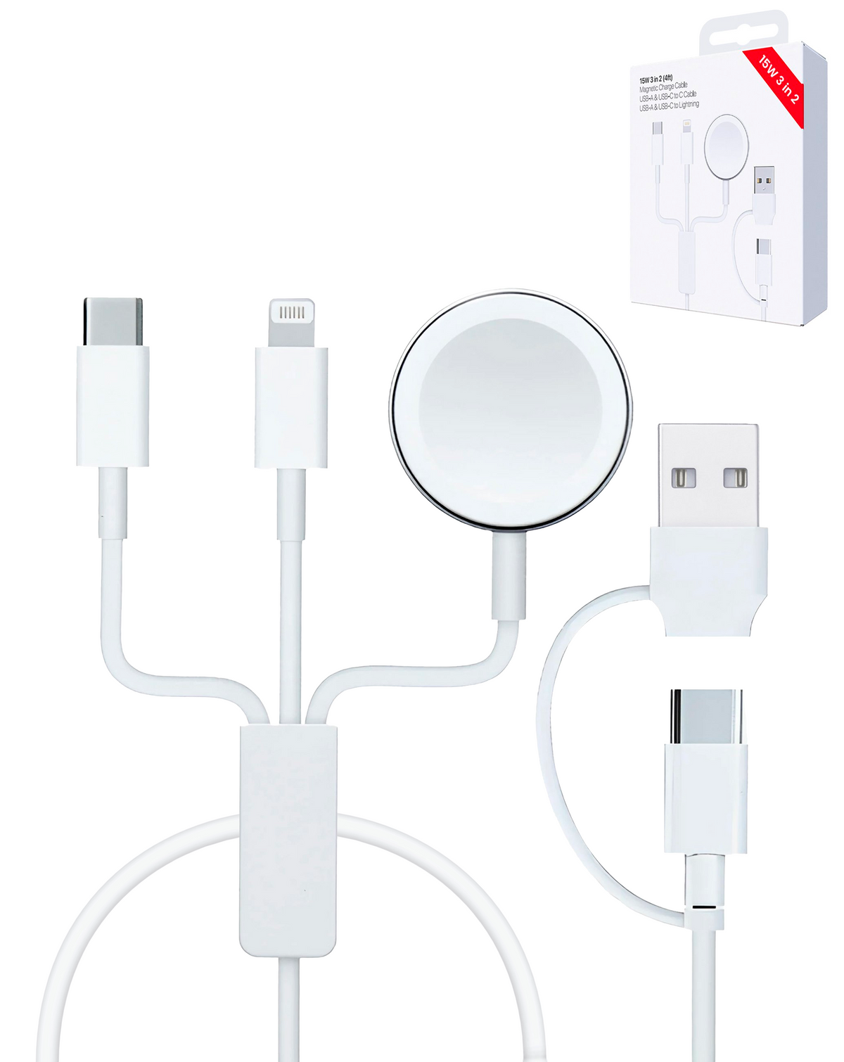 USB-C and USB-A 3in1 Magnetic Watch Charging Cable with USB-C and Lightning Charger — 4ft, 15W