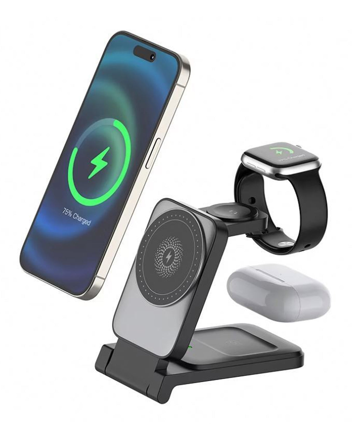 Power Trio Compact Foldable Wireless Charging Stand — 3in1, 15W, Black