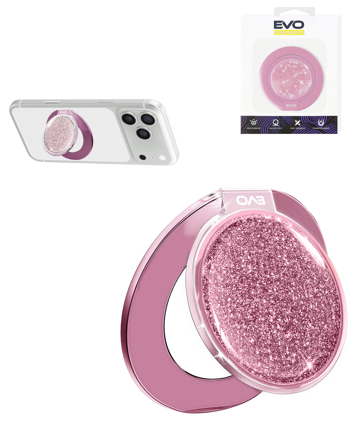 EVO CrystalRing Magnetic Glitter Phone Grip Stand Compatible with Wireless Charging — Pink