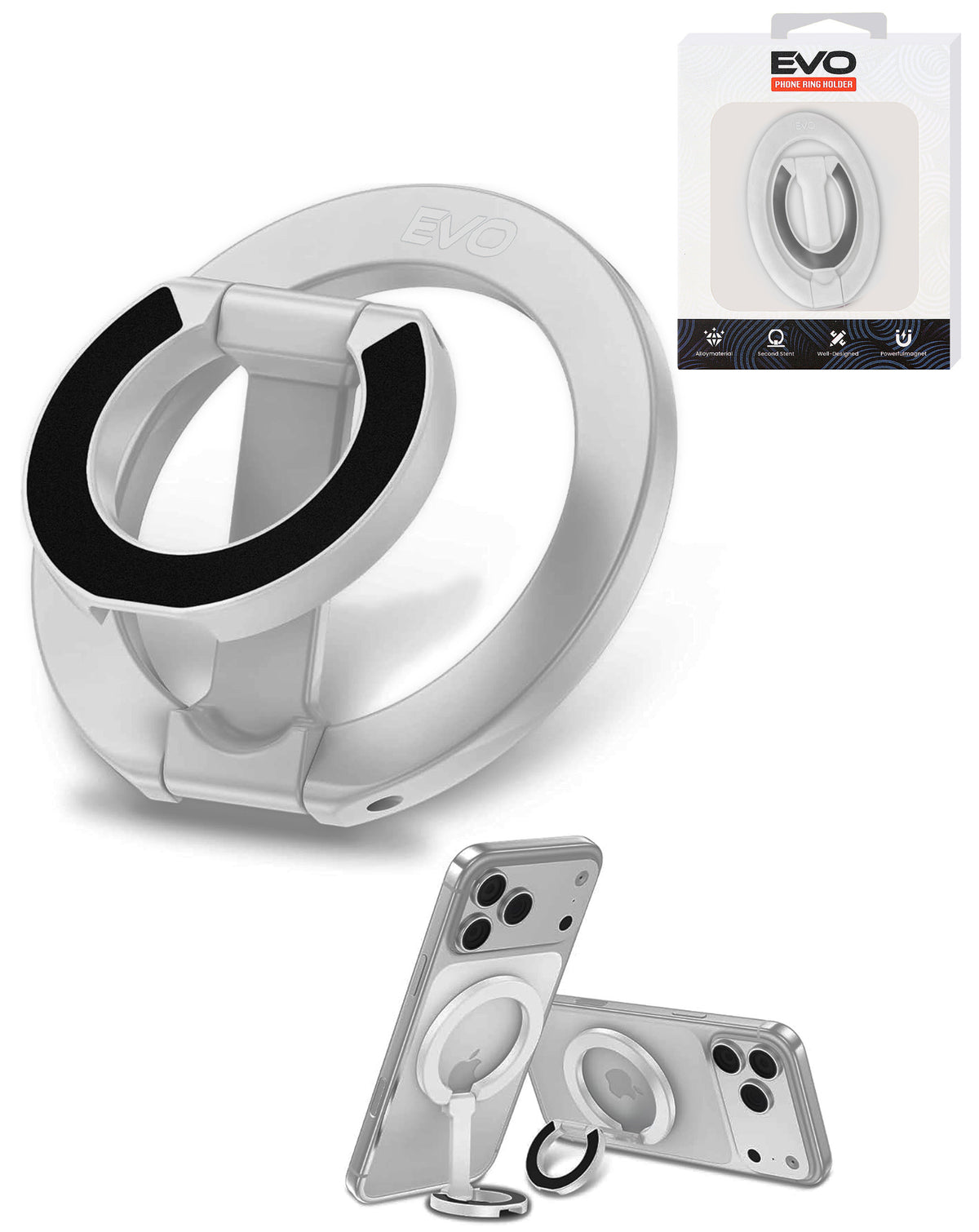 EVO FlexRing Magnetic Phone Holder with Kickstand Support & Wireless Charging — Silver