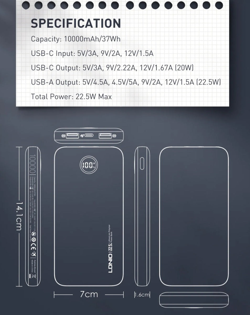 LDNIO PQ10 Ultra-thin Digital Display Power Bank — 10000 mAh / 22.5W