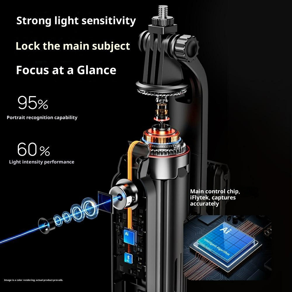 AI Face Tracking 360° Rotating Selfie Stick Tripod - Black