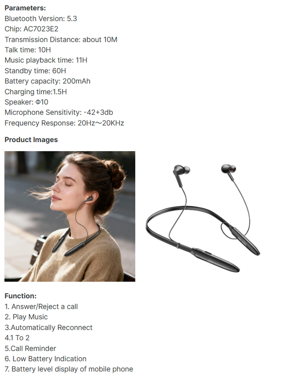 Ven-dens VD-BT059 Wireless Neckband Earphones with Built-In Microphone