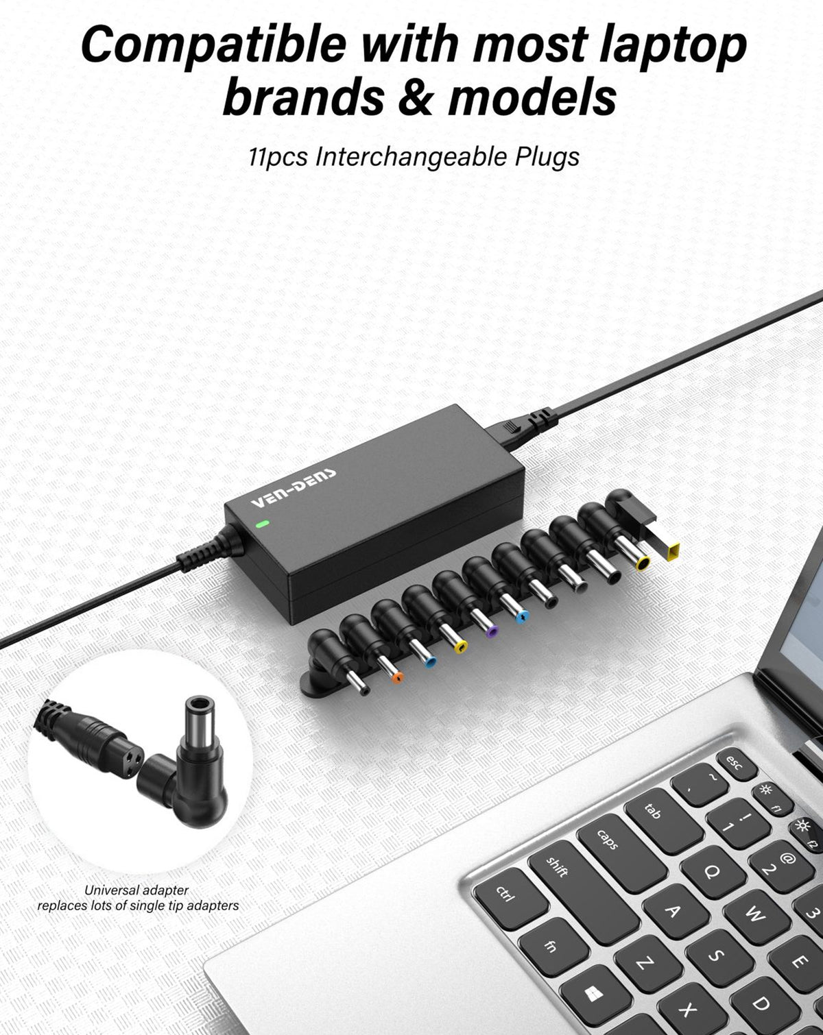 Ven-dens VD-UC01 Universal Laptop Power Adapter with Interchangeable Charging Tips