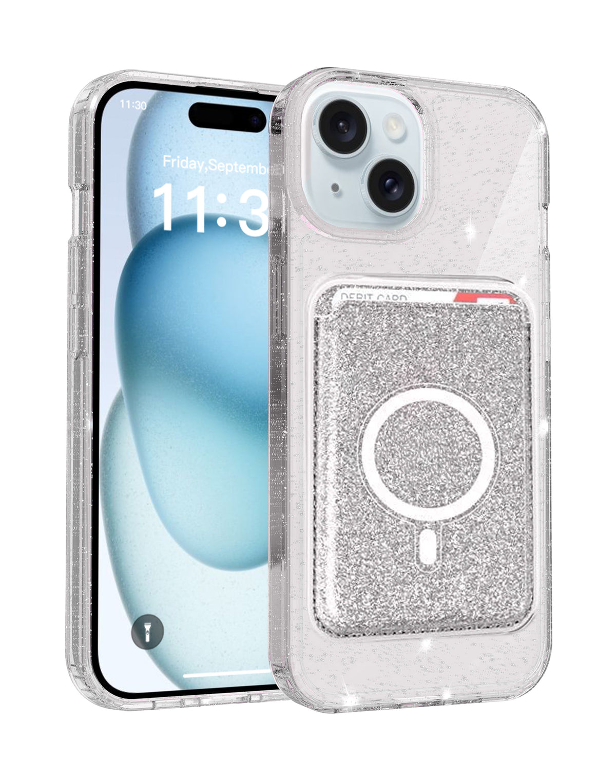 Magnetic Wallet Glitter Case for iPhone 17E / 16E / 15 / 14 / 13 — White