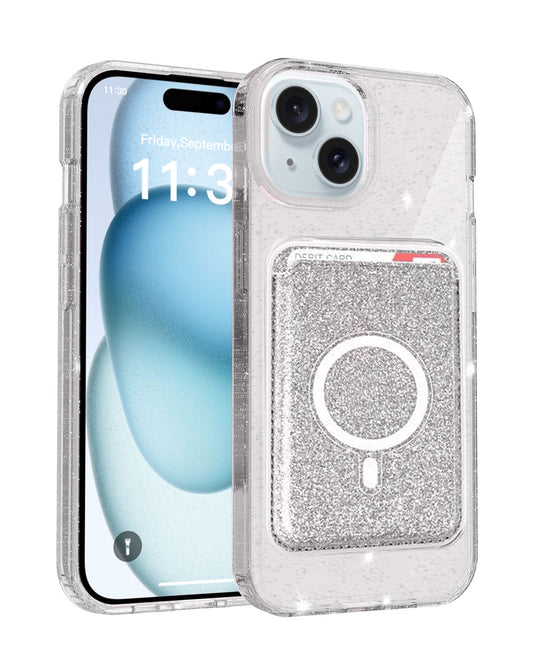 Magnetic Wallet Glitter Case for iPhone 17E / 16E / 15 / 14 / 13 — White