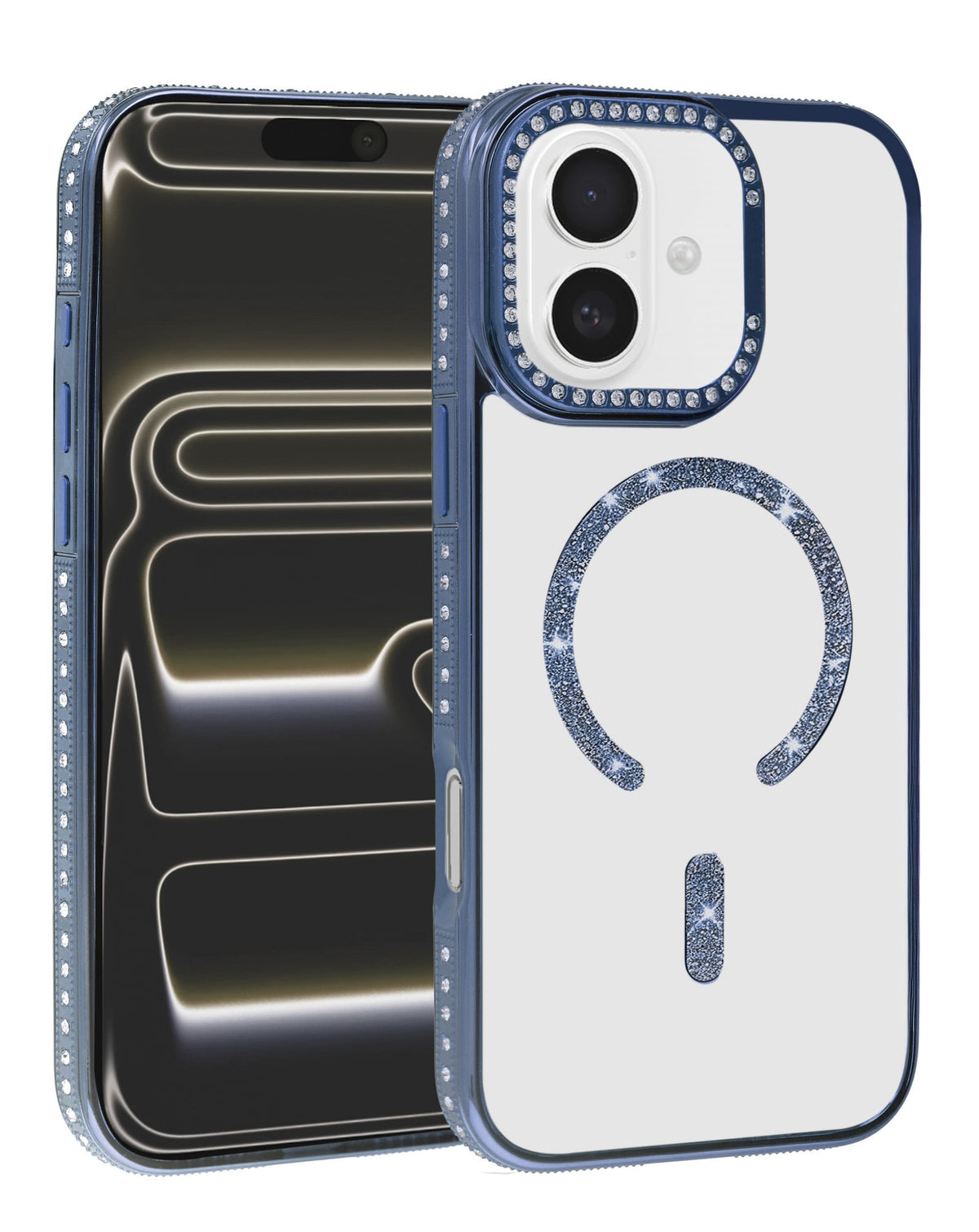 Magnetic Crystal Clear Glitter Case for iPhone 17E / 16E / 15 / 14 / 13 — Navy Blue