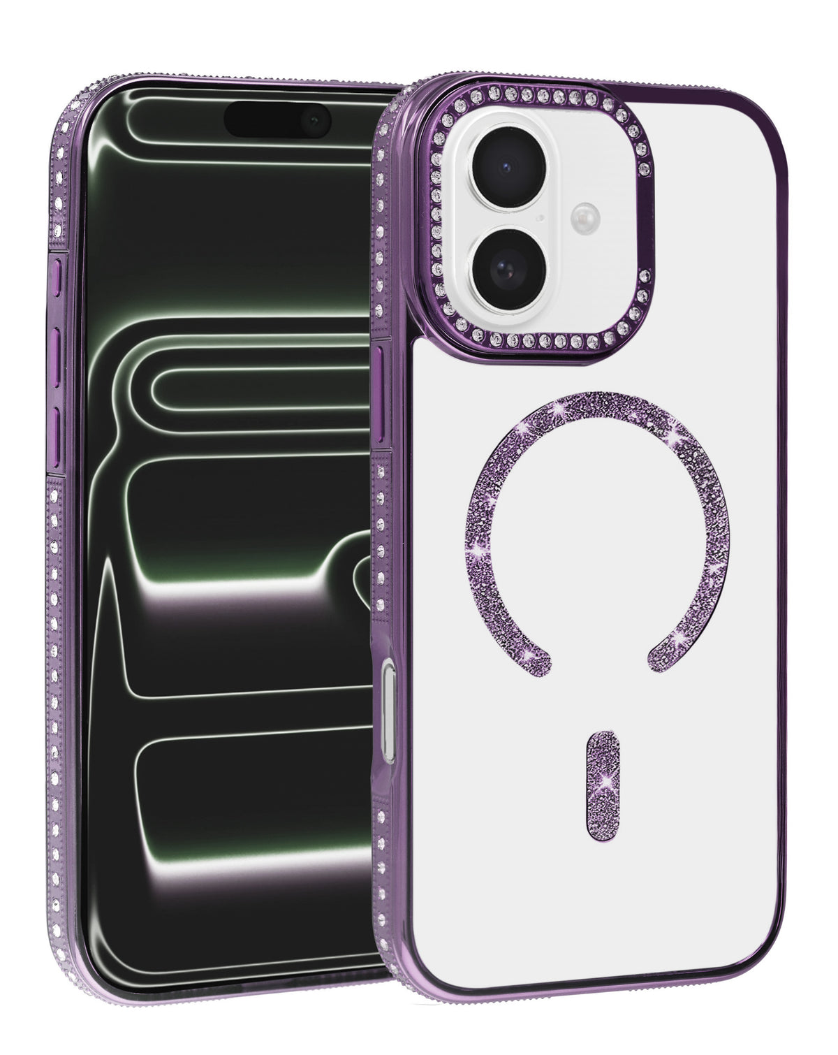 Magnetic Crystal Clear Glitter Case for iPhone 17E / 16E / 15 / 14 / 13 — Purple