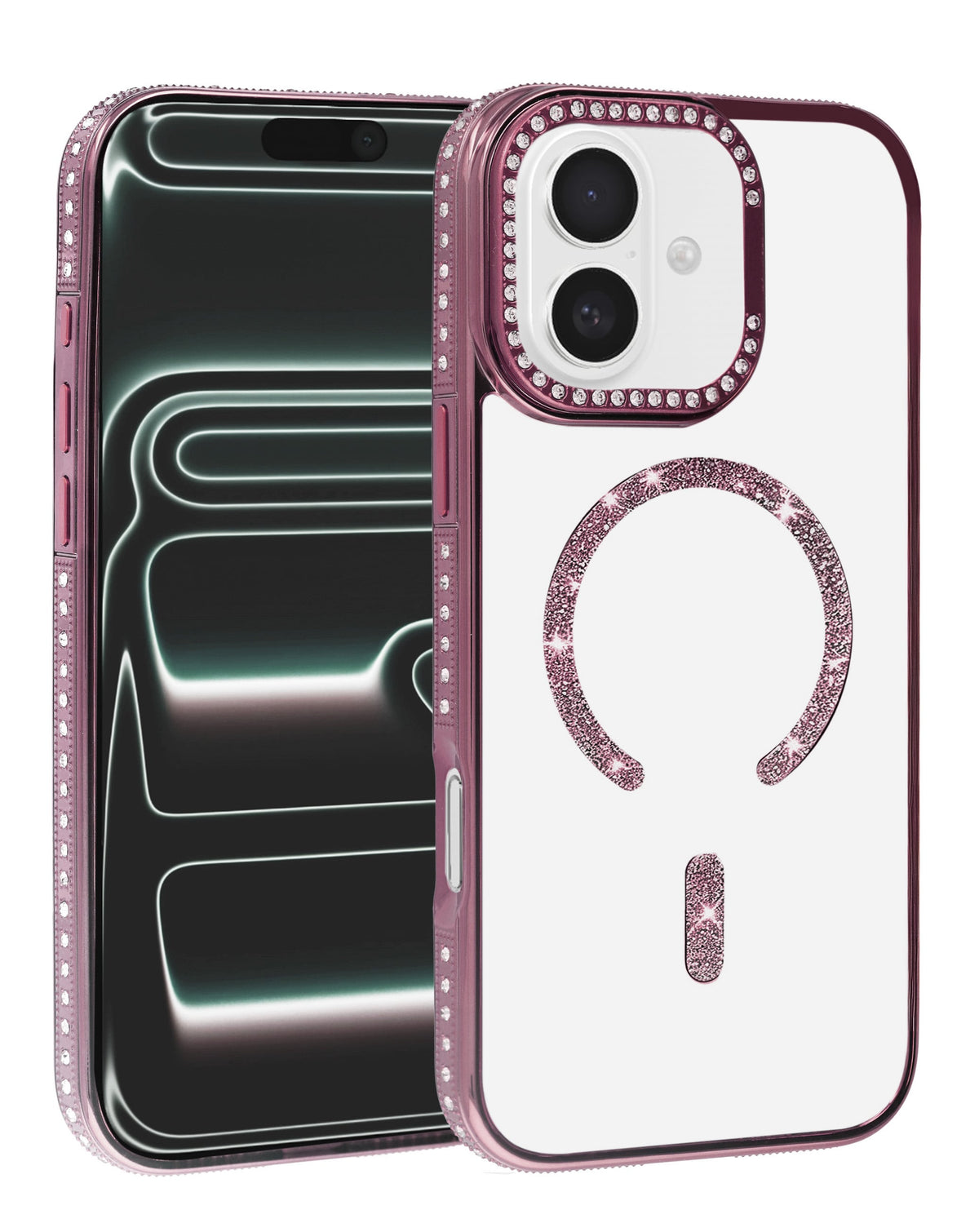 Magnetic Crystal Clear Glitter Case for iPhone 17E / 16E / 15 / 14 / 13 — Rose Gold