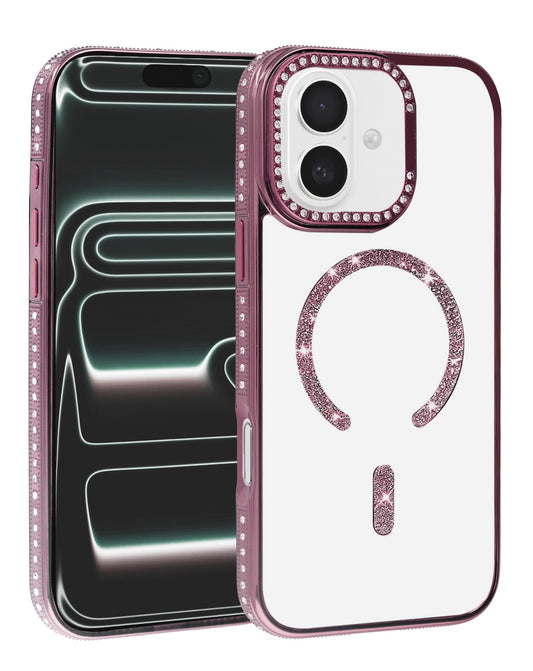Magnetic Crystal Clear Glitter Case for iPhone 17E / 16E / 15 / 14 / 13 — Rose Gold