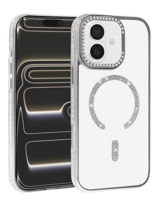 Magnetic Crystal Clear Glitter Case for iPhone 17E / 16E / 15 / 14 / 13 — Silver